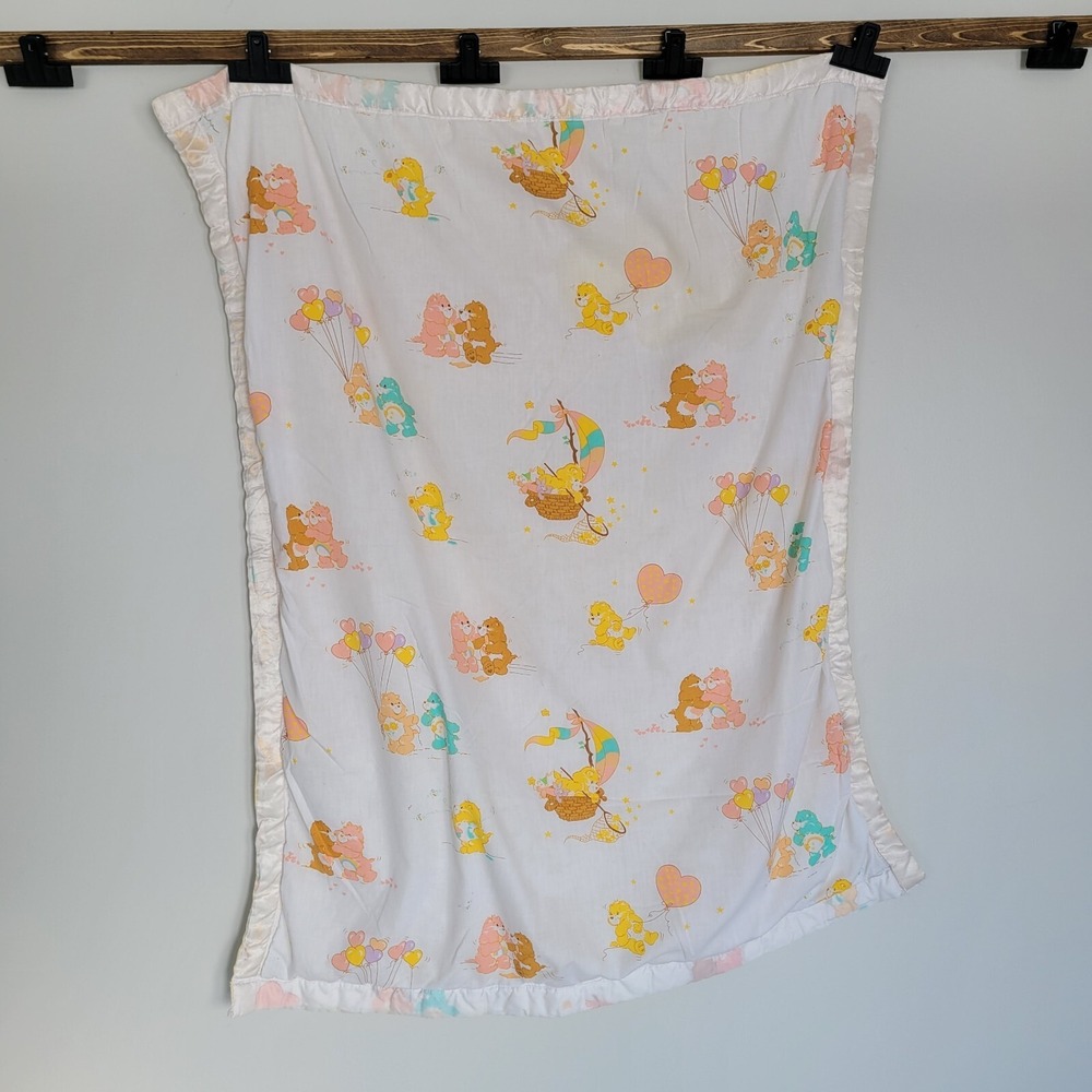 Vtg Care Bears Baby Blanket 1980s White Satin Edges 38" X 37" Toddler Cottage
